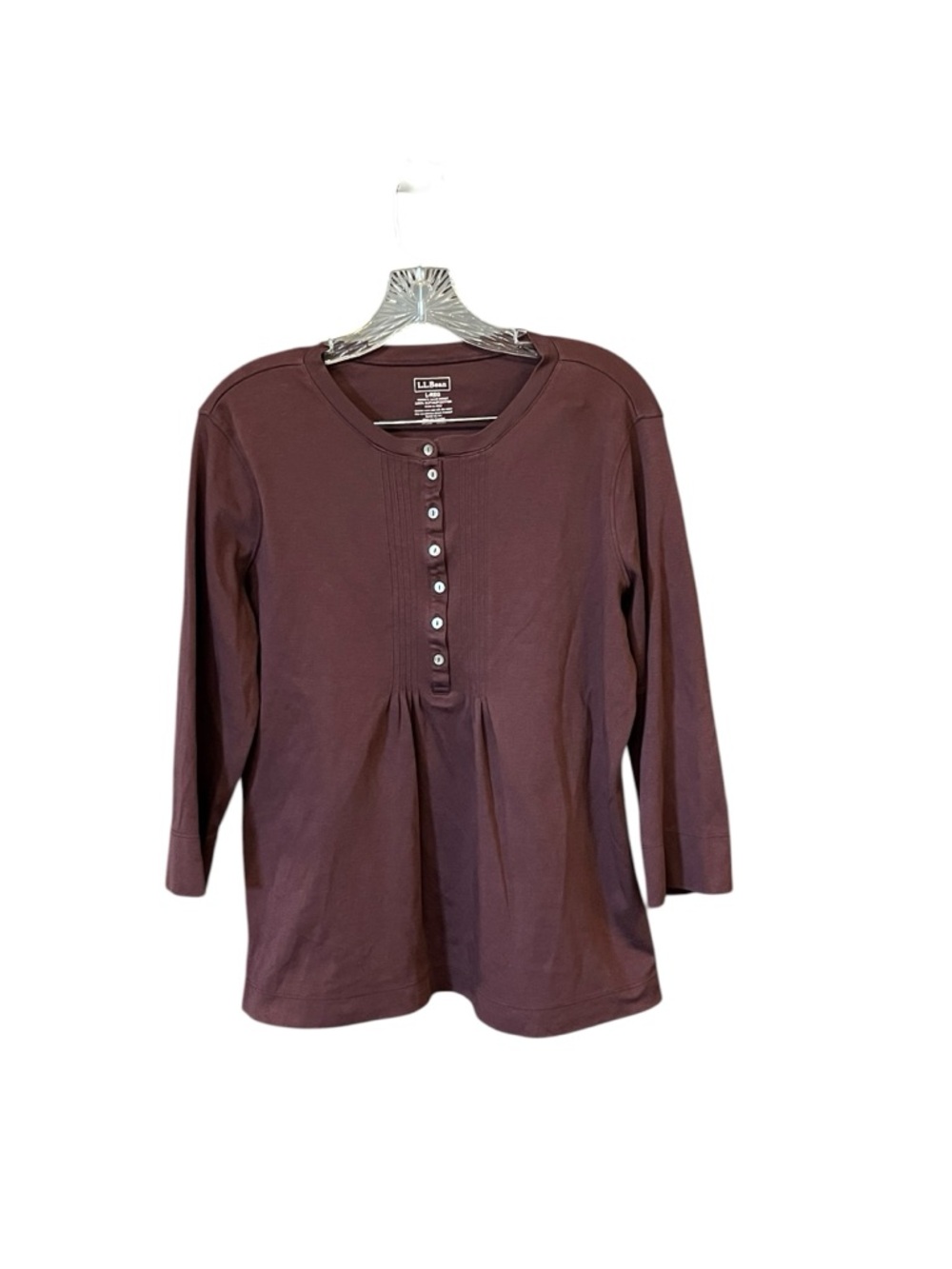 L.L. Bean pin tuck Henley top women L burgundy 3/4 sleeve supima cotton